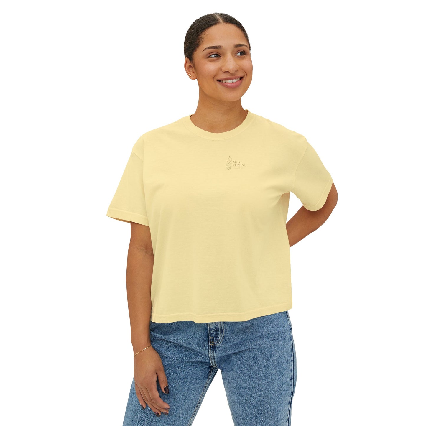 She Is Strong in the Lord — Women's Christian Boxy Tee (Proverbs 31:25)