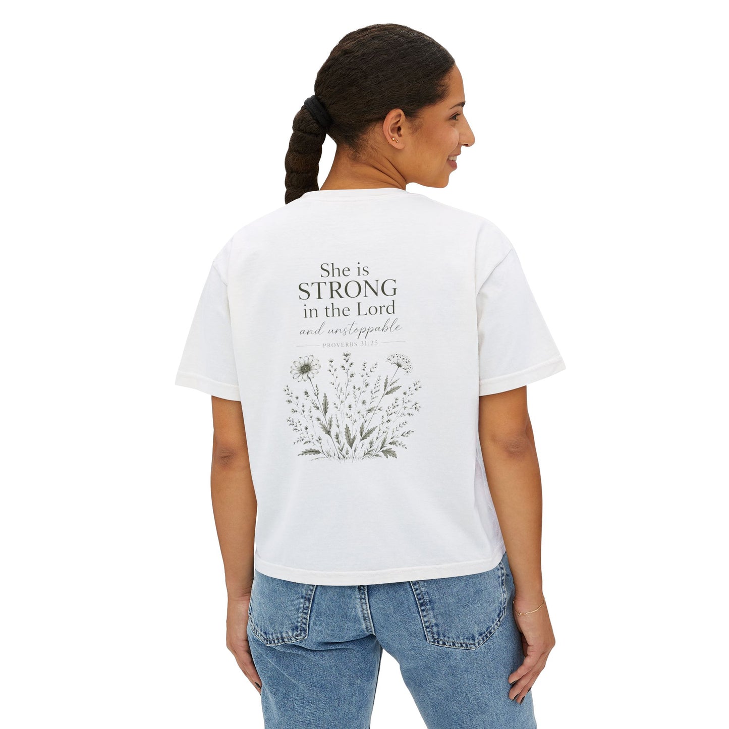 She Is Strong in the Lord — Women's Christian Boxy Tee (Proverbs 31:25)