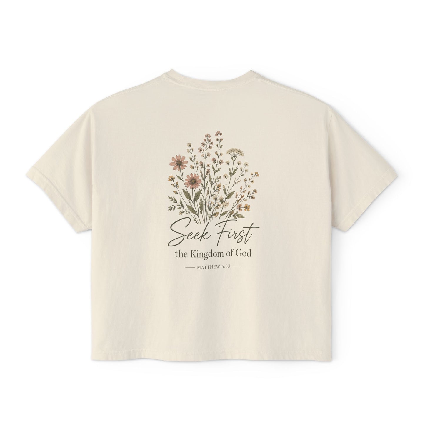 Seek First Floral Boxy Tee — Christian Faith Graphic Crop Top