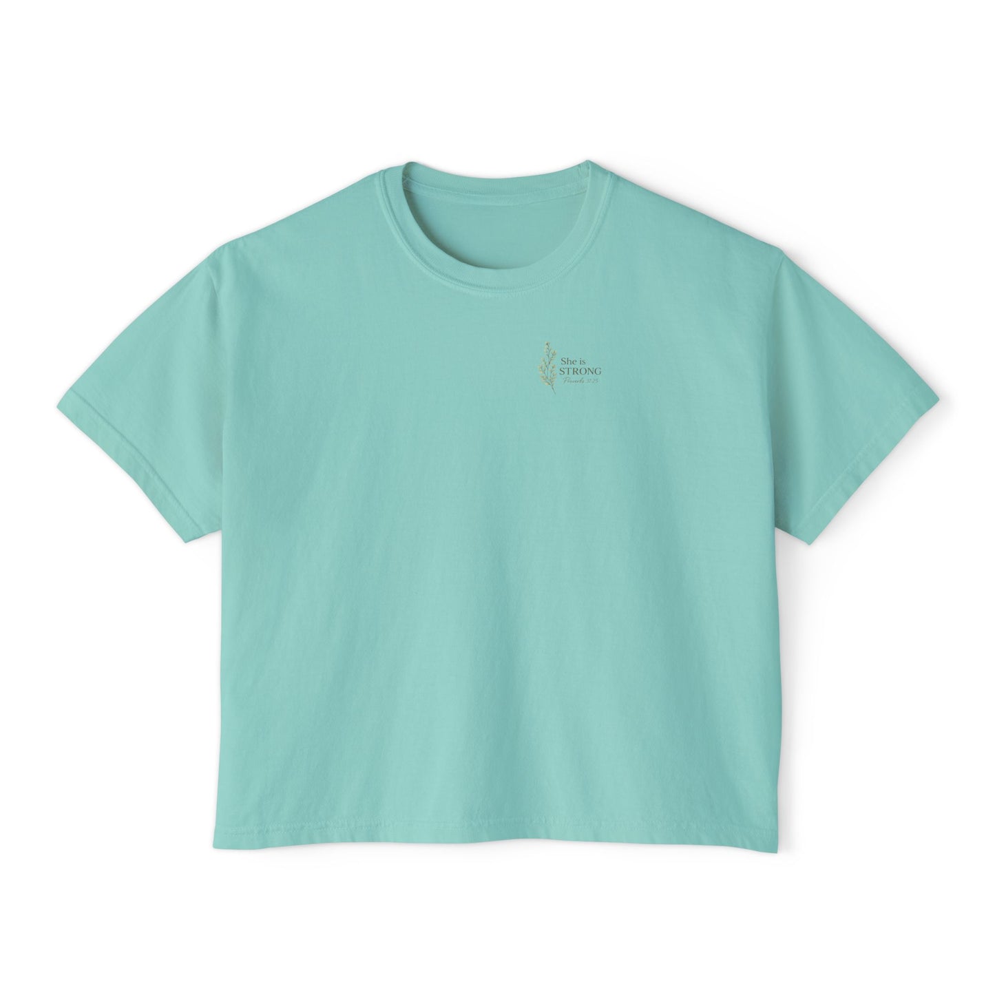 She Is Strong in the Lord — Women's Christian Boxy Tee (Proverbs 31:25)
