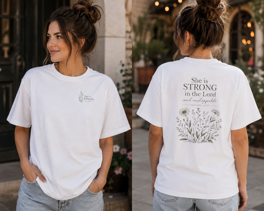 She Is Strong in the Lord — Women's Christian Boxy Tee (Proverbs 31:25)