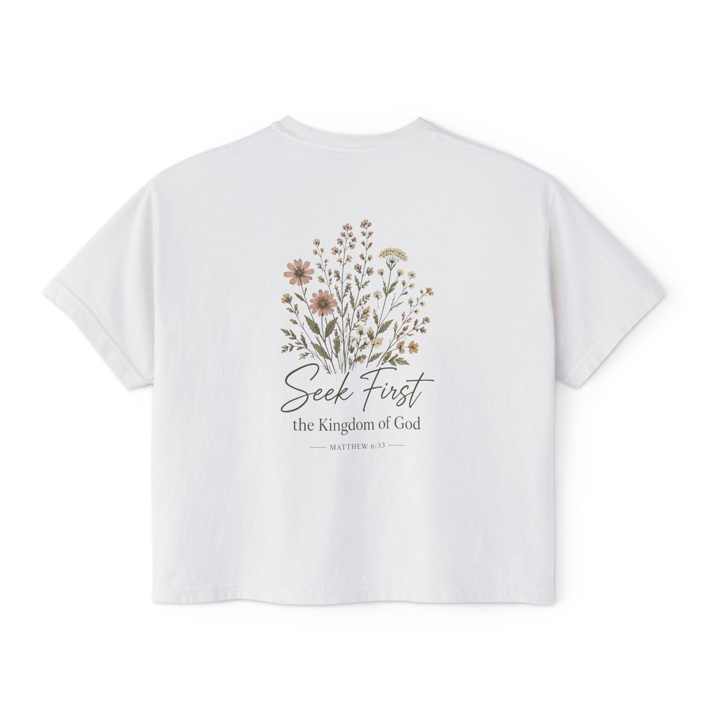 Seek First Floral Boxy Tee — Christian Faith Graphic Crop Top