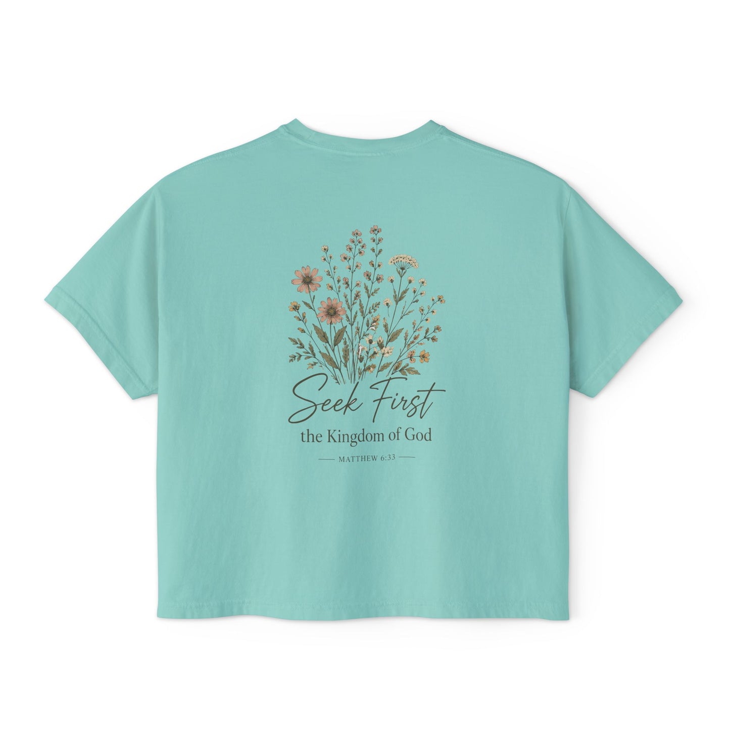 Seek First Floral Boxy Tee — Christian Faith Graphic Crop Top