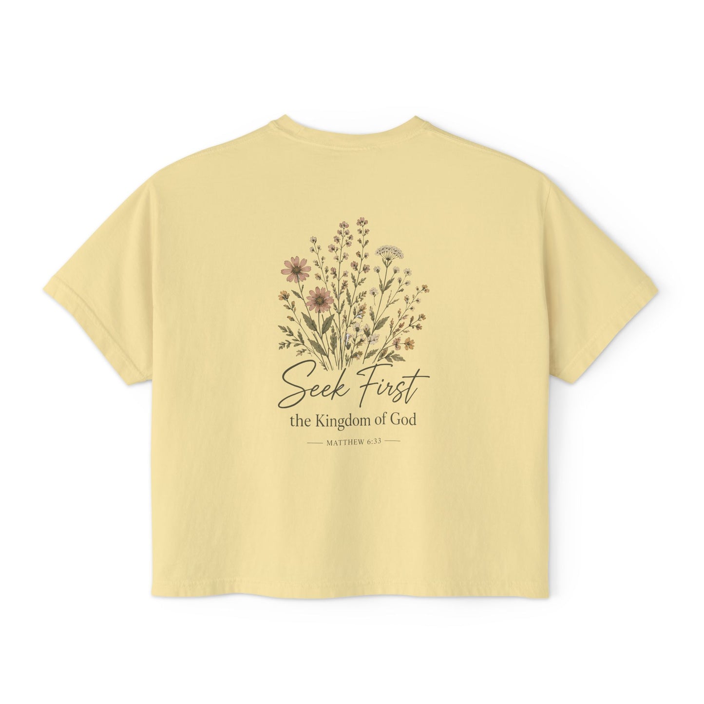 Seek First Floral Boxy Tee — Christian Faith Graphic Crop Top